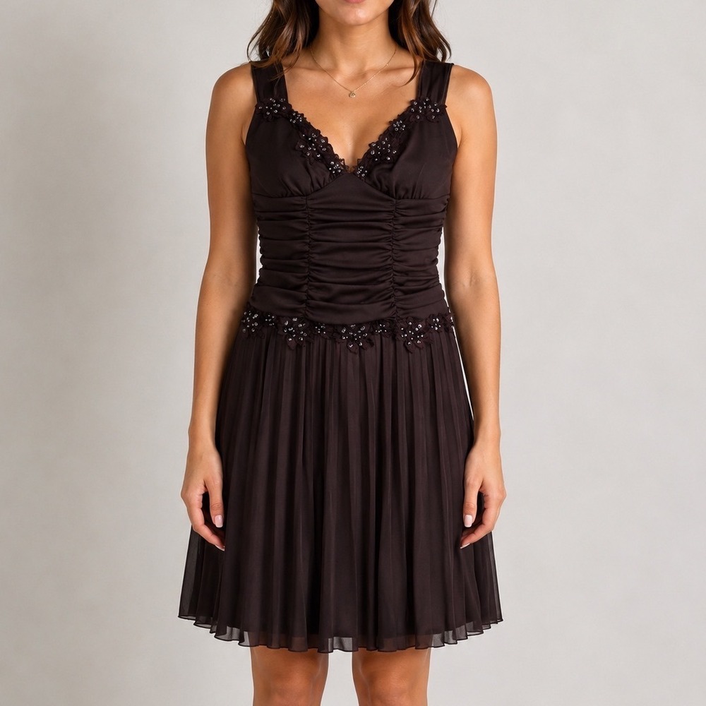 Rampage Vintage Brown Fairy Whimsy Ruched Sequin Pleated Dress M boho formal